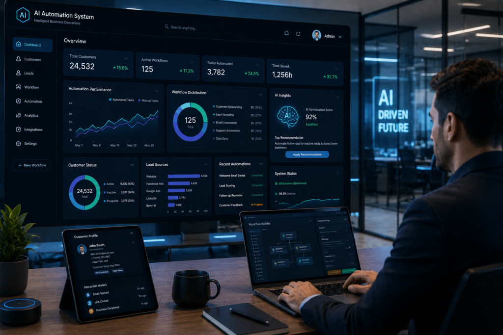 AI automation system managing customer data and business operations through intelligent dashboards in a futuristic modern office environment.