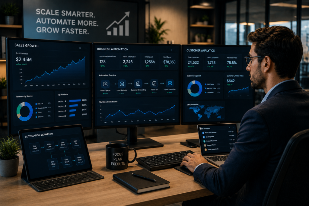 Business professional analyzing sales growth dashboards, automation systems, and customer analytics on multiple screens in a modern office setup
