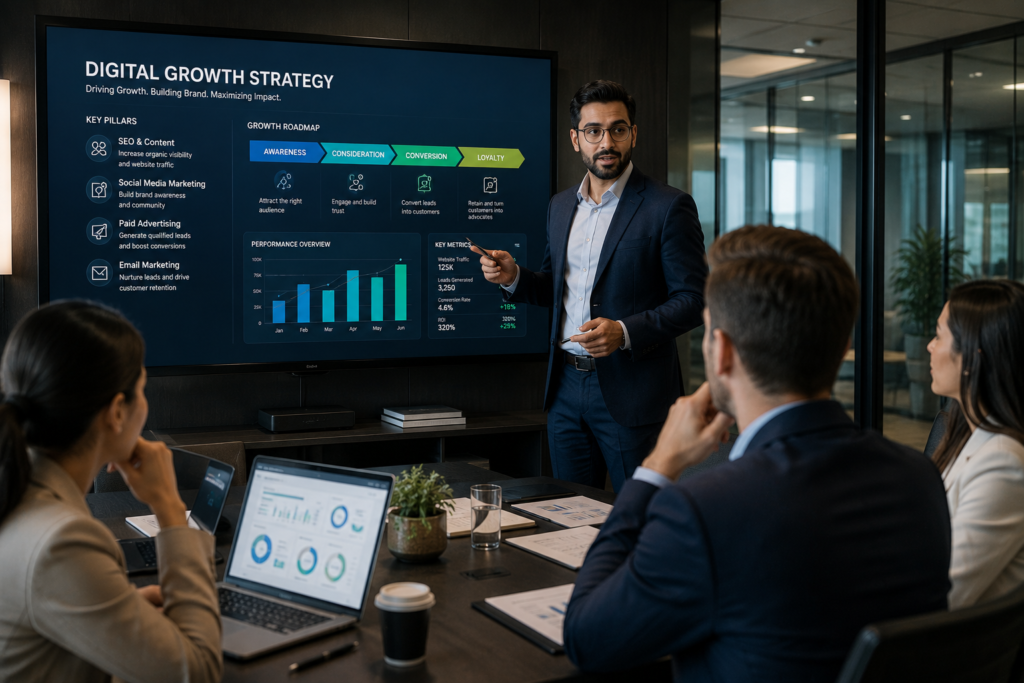 Professional digital marketer presenting a business growth strategy in a modern meeting room with marketing analytics and campaign performance dashboards on screen.