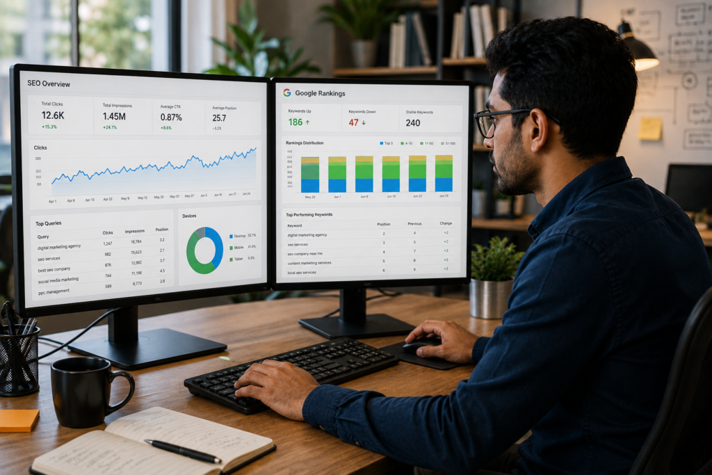 Digital marketing expert analyzing SEO analytics dashboards and Google ranking charts on dual monitors in a modern office.