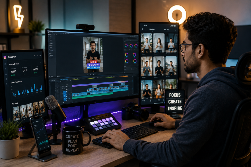 Professional content creator editing short-form social media videos on multiple monitors in a modern studio workspace with analytics dashboards and realistic lighting.