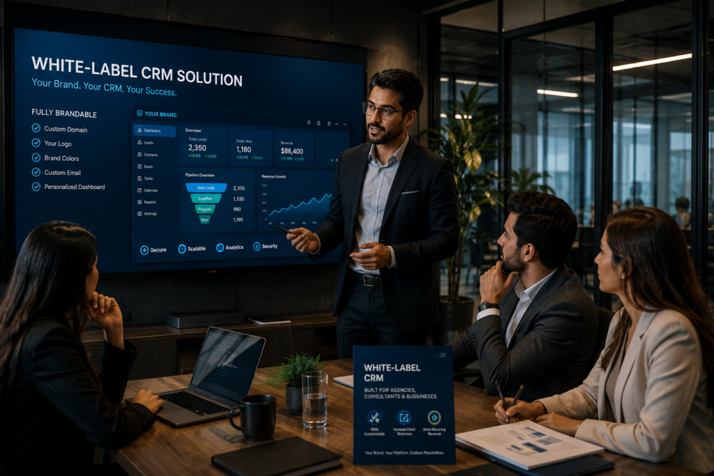Business consultant presenting a white-label CRM solution to clients in a modern corporate meeting room with CRM dashboards and automation analytics on screen.
